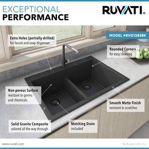 Ruvati 33 x 22 inch epiGranite Drop-in TopMount Granite Composite Double Bowl Low Divide Kitchen Sink - Midnight Black - RVG1385BK