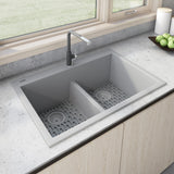 Ruvati 33 x 22 inch epiGranite Drop-in TopMount Granite Composite Double Bowl Low Divide Kitchen Sink - Silver Gray - RVG1385GR