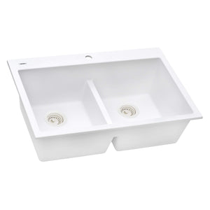 Ruvati 33 x 22 inch epiGranite Drop-in TopMount Granite Composite Double Bowl Low Divide Kitchen Sink - Arctic White - RVG1385WH