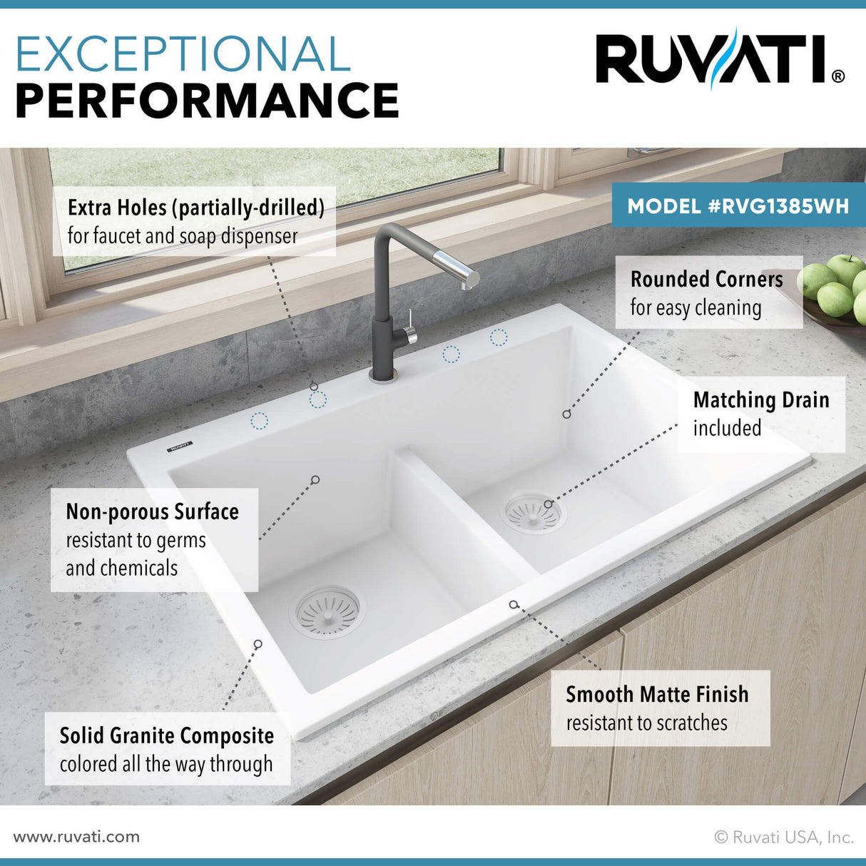 Ruvati 33 x 22 inch epiGranite Drop-in TopMount Granite Composite Double Bowl Low Divide Kitchen Sink - Arctic White - RVG1385WH