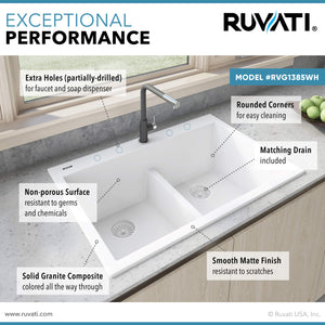 Ruvati 33 x 22 inch epiGranite Drop-in TopMount Granite Composite Double Bowl Low Divide Kitchen Sink - Arctic White - RVG1385WH