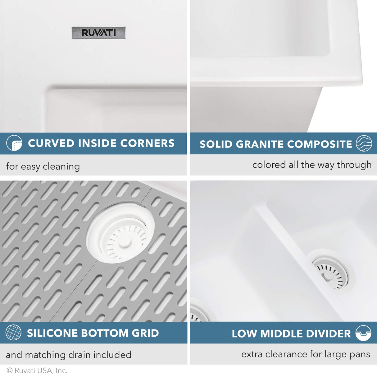 Ruvati 33 x 22 inch epiGranite Drop-in TopMount Granite Composite Double Bowl Low Divide Kitchen Sink - Arctic White - RVG1385WH
