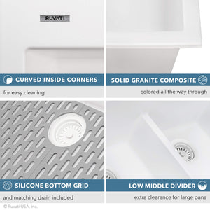Ruvati 33 x 22 inch epiGranite Drop-in TopMount Granite Composite Double Bowl Low Divide Kitchen Sink - Arctic White - RVG1385WH