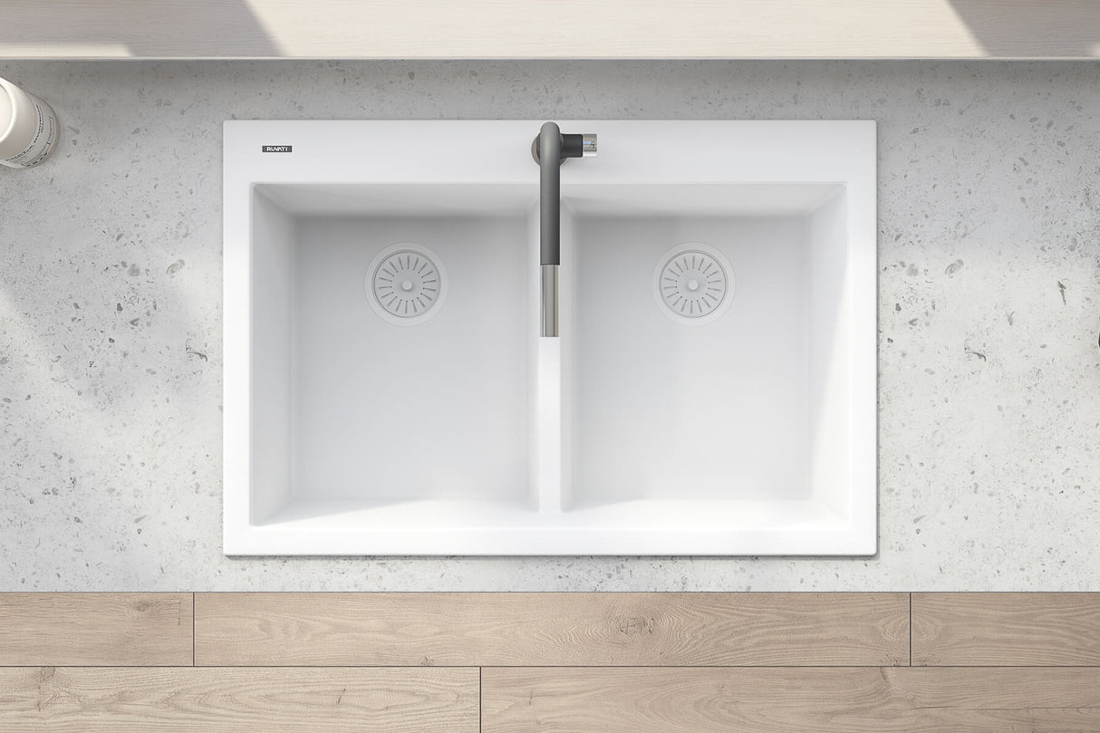 Ruvati 33 x 22 inch epiGranite Drop-in TopMount Granite Composite Double Bowl Low Divide Kitchen Sink - Arctic White - RVG1385WH