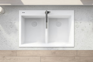 Ruvati 33 x 22 inch epiGranite Drop-in TopMount Granite Composite Double Bowl Low Divide Kitchen Sink - Arctic White - RVG1385WH