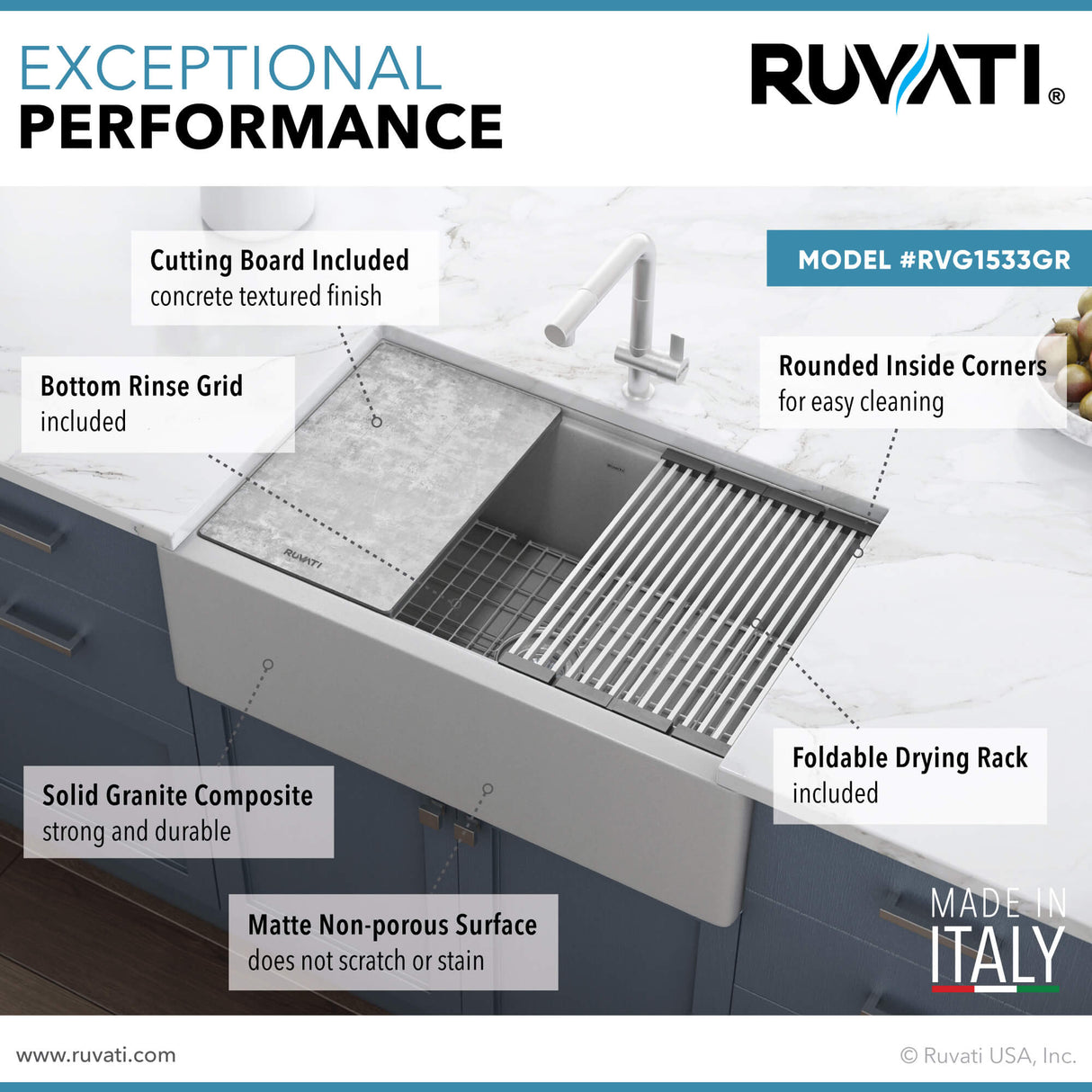 Ruvati 33-inch Matte Gray Granite Farmhouse Workstation Apron-front Composite Kitchen Sink - RVG1533GR