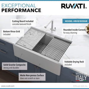 Ruvati 33-inch Matte Gray Granite Farmhouse Workstation Apron-front Composite Kitchen Sink - RVG1533GR