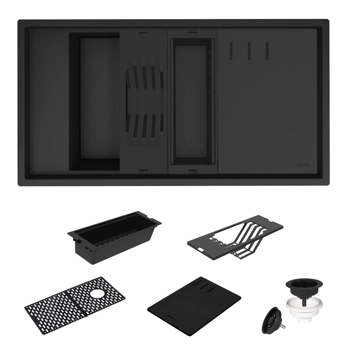 Ruvati 18 x 34 inch Granite Composite Workstation Kitchen Sink epiStage Dual Mount Single Bowl - Black - RVG1650BK