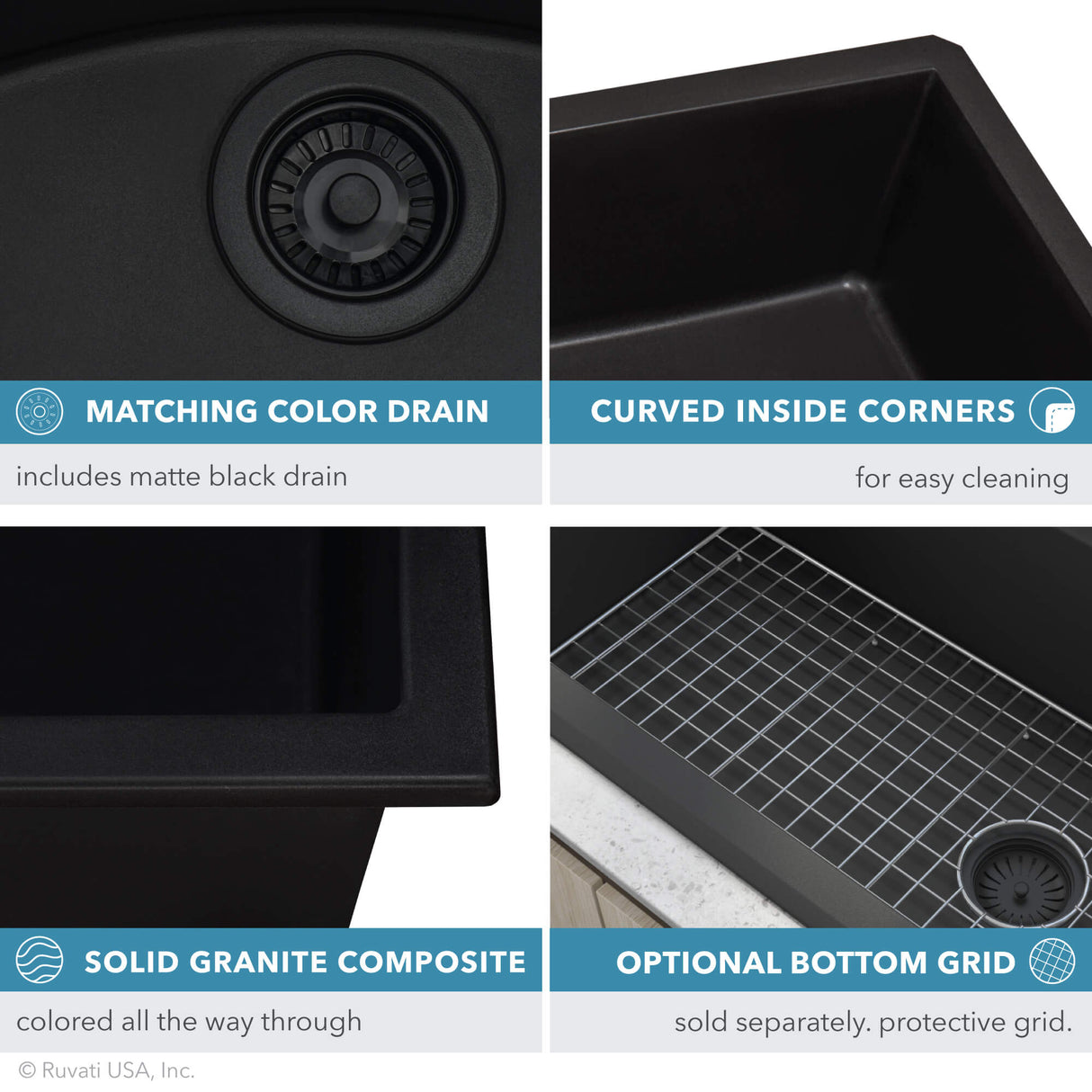 Ruvati 32 x 19 inch epiGranite Undermount Granite Composite Single Bowl Kitchen Sink - Midnight Black - RVG2033BK