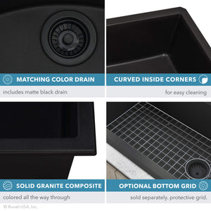 Ruvati 32 x 19 inch epiGranite Undermount Granite Composite Single Bowl Kitchen Sink - Midnight Black - RVG2033BK
