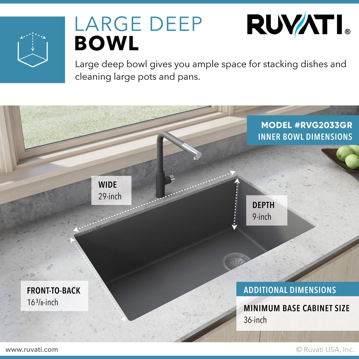 Ruvati 32 x 19 inch epiGranite Undermount Granite Composite Single Bowl Kitchen Sink - Silver Gray - RVG2033GR