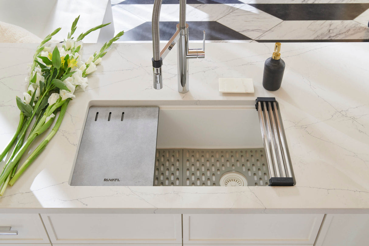 Ruvati 33-inch Granite Composite Workstation Undermount Kitchen Sink Single Bowl White - RVG2302WH