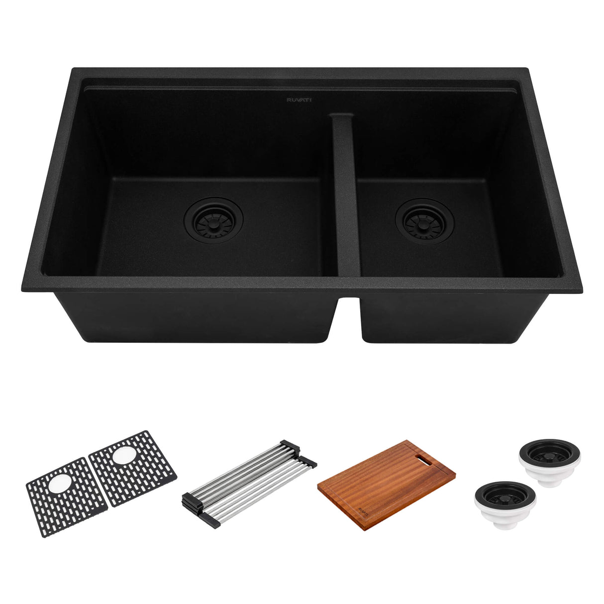 Ruvati 33-inch epiRock Workstation Charcoal Black Double Bowl Undermount Kitchen Sink - RVG2327CK