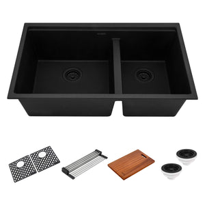 Ruvati 33-inch epiRock Workstation Charcoal Black Double Bowl Undermount Kitchen Sink - RVG2327CK