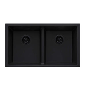 Ruvati 33 x 19 inch Granite Composite Undermount Low Divide Double Bowl Kitchen Sink - Midnight Black - RVG2385BK