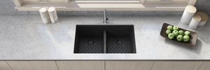 Ruvati 33 x 19 inch Granite Composite Undermount Low Divide Double Bowl Kitchen Sink - Midnight Black - RVG2385BK
