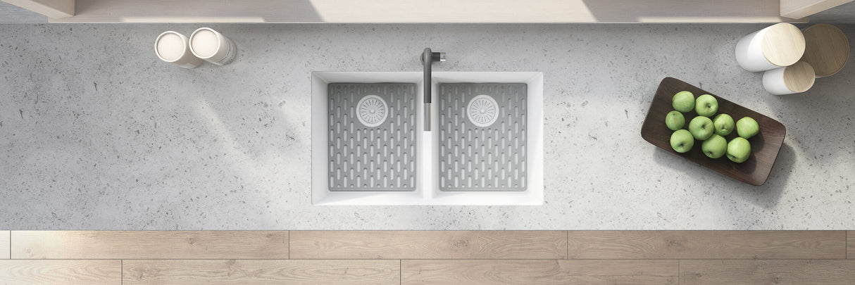 Ruvati 33 x 19 inch Granite Composite Undermount Double Bowl Low Divide Kitchen Sink - Arctic White - RVG2385WH