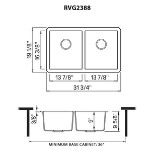 Ruvati 32 x 19 inch Granite Composite Undermount Double Bowl Kitchen Sink - Midnight Black - RVG2388BK
