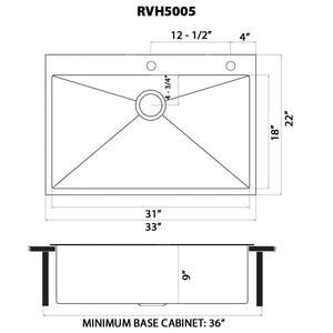 Ruvati 33 x 22 inch Gunmetal Black Stainless Steel Drop-in Topmount Kitchen Sink 16 Gauge Single Bowl - RVH5005BL