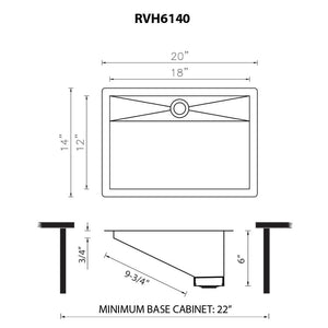 Ruvati 20 x 14 inch Gunmetal Black Stainless Steel Undermount Ramp Bathroom Sink Stainless Steel - RVH6140BL