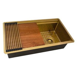 Ruvati 33-inch Polished Brass Matte Gold Stainless Steel Workstation Two-Tiered Ledge Undermount Kitchen Sink - RVH6222GG