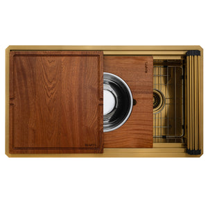 Ruvati 33-inch Polished Brass Matte Gold Stainless Steel Workstation Two-Tiered Ledge Undermount Kitchen Sink - RVH6222GG