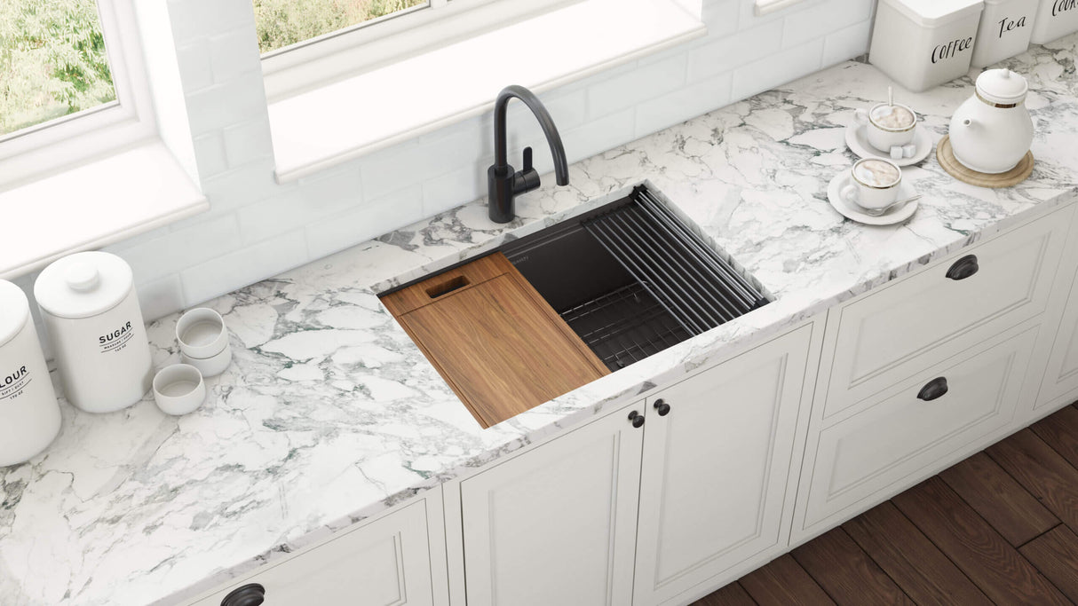 Ruvati 27 inch Gunmetal Black Stainless Steel Workstation Undermount Kitchen Sink Single Bowl - RVH6527BL