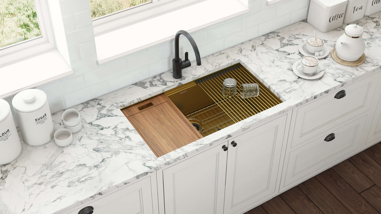 Ruvati 27 inch Polished Brass Matte Gold Workstation Undermount Kitchen Sink Single Bowl - RVH6527GG