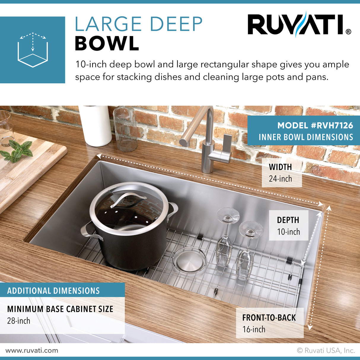 Ruvati 26-inch Undermount Stainless Steel Kitchen Sink 16 Gauge Rounded Corners Single Bowl - RVH7126