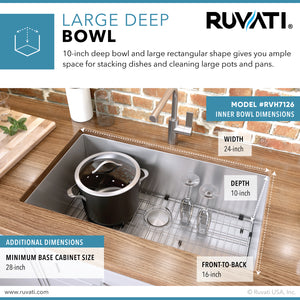 Ruvati 26-inch Undermount Stainless Steel Kitchen Sink 16 Gauge Rounded Corners Single Bowl - RVH7126