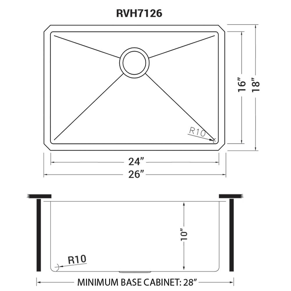 Ruvati 26-inch Undermount Stainless Steel Kitchen Sink 16 Gauge Rounded Corners Single Bowl - RVH7126