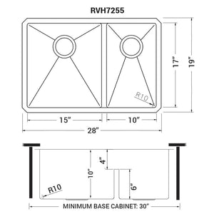 Ruvati 28-inch Low-Divide Undermount 60/40 Double Bowl Rounded Corners 16 Gauge Stainless Steel Kitchen Sink - RVH7255