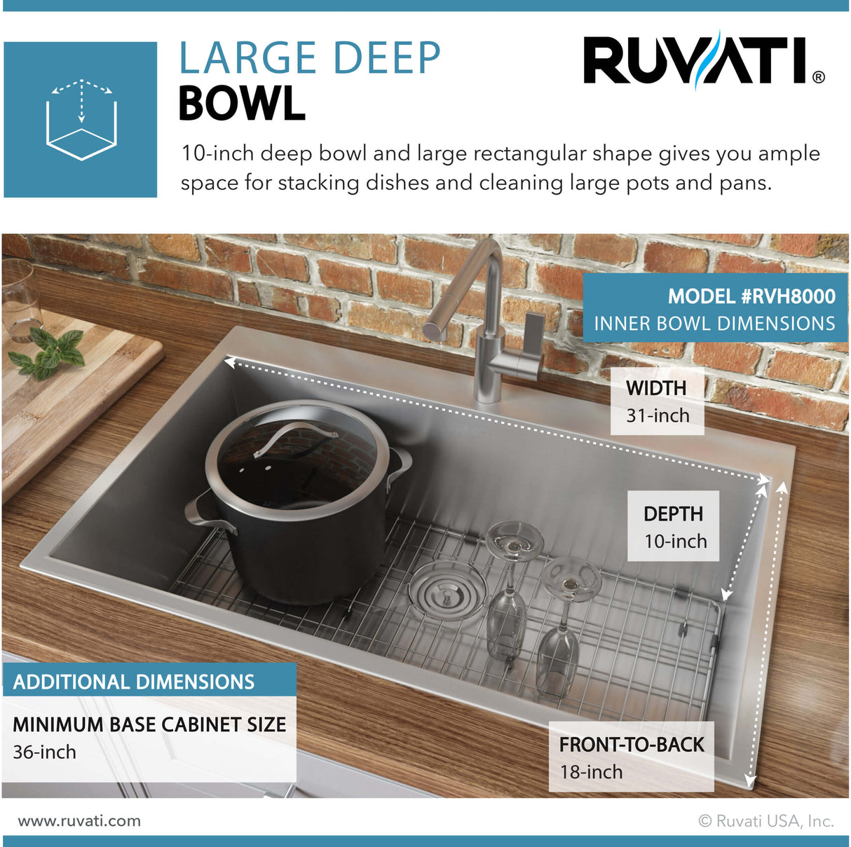 Ruvati 33 x 22 Drop-in Topmount 16 Gauge Zero Radius Stainless Steel Kitchen Sink Single Bowl - 1 hole - RVH8000