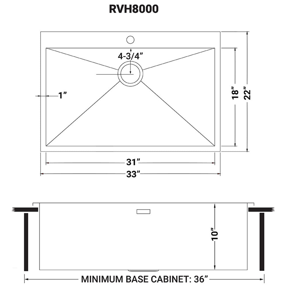 Ruvati 33 x 22 Drop-in Topmount 16 Gauge Zero Radius Stainless Steel Kitchen Sink Single Bowl - 1 hole - RVH8000