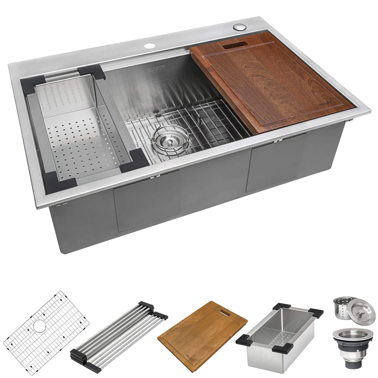 Ruvati 33 x 22 inch Workstation Ledge Drop-in 16 Gauge Rounded Corners Stainless Steel Kitchen Sink Single Bowl - RVH8003