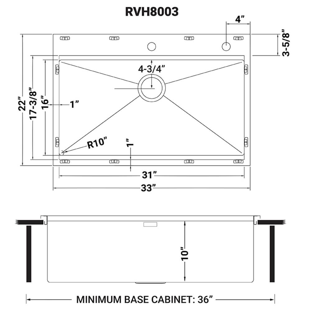 Ruvati 33 x 22 inch Workstation Ledge Drop-in 16 Gauge Rounded Corners Stainless Steel Kitchen Sink Single Bowl - RVH8003