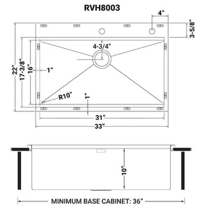 Ruvati 33 x 22 inch Workstation Ledge Drop-in 16 Gauge Rounded Corners Stainless Steel Kitchen Sink Single Bowl - RVH8003