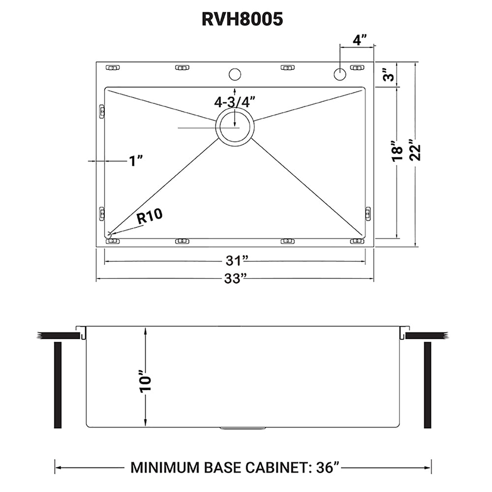 Ruvati 33 x 22 inch Drop-in 16 Gauge Stainless Steel Rounded Corners Topmount Kitchen Sink Single Bowl - RVH8005