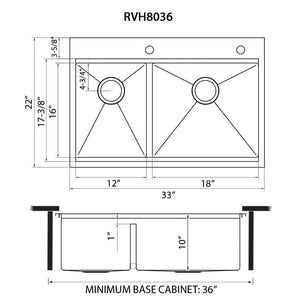 Ruvati 33 x 22 inch Workstation Drop-in 40/60 Double Bowl Topmount Rounded Corners Kitchen Sink - RVH8036