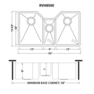 Ruvati 35" Triple Bowl Undermount 16 Gauge Stainless Steel Kitchen Sink - RVH8500
