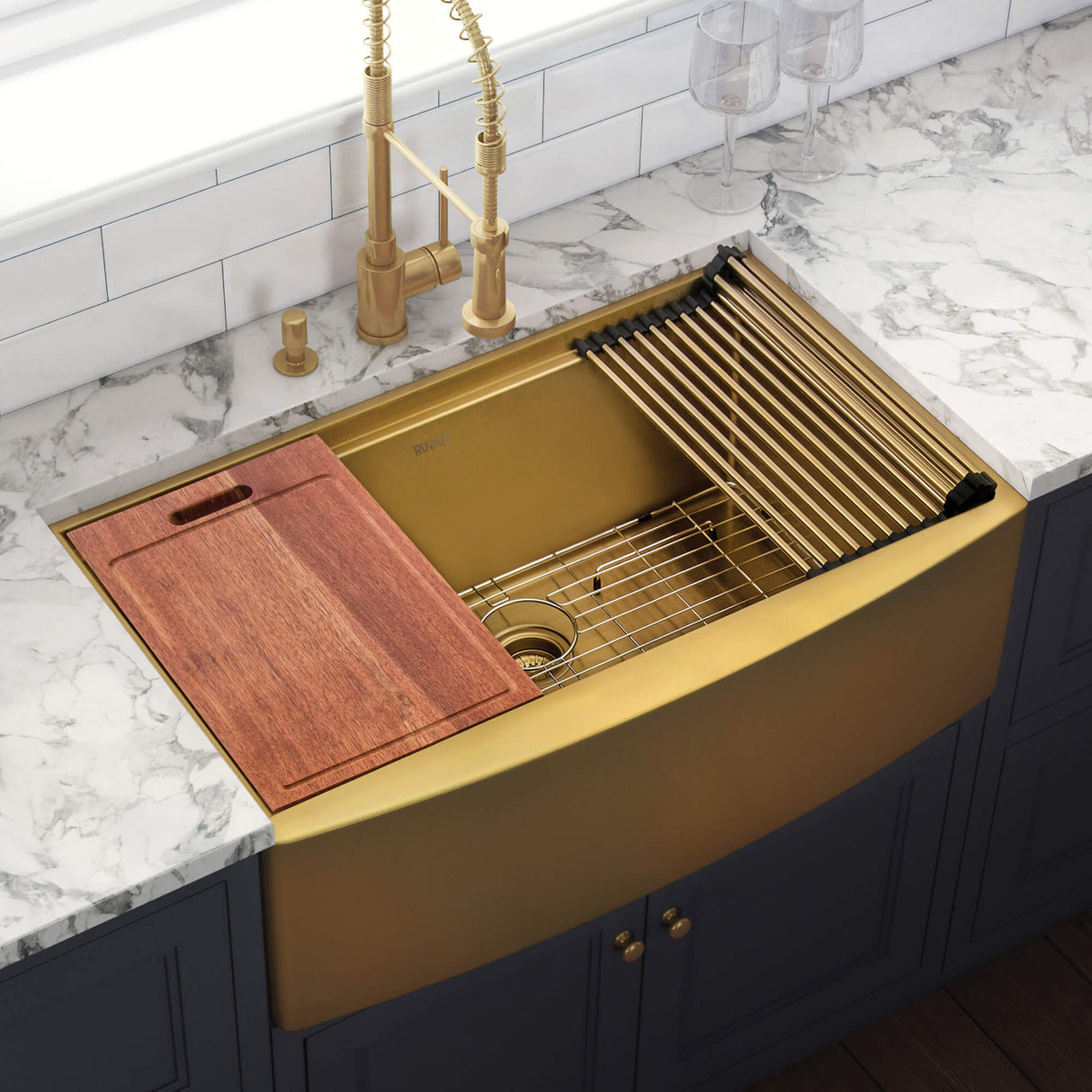 Ruvati 30-inch Matte Gold Workstation Apron-Front Brass Tone Stainless Steel Kitchen Sink - RVH9106GG