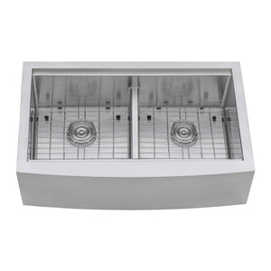 Ruvati 36" Apron-front Workstation Low-Divide Double Bowl 50/50 Farmhouse Kitchen Sink 16 Gauge Stainless Steel - RVH9301