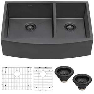 Ruvati 33-inch Gunmetal Black Stainless Steel 60/40 Double Bowl Apron-Front Farmhouse Kitchen Sink - RVH9742BL