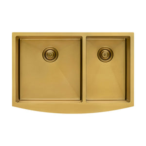 Ruvati 33-inch Satin Brass Matte Gold Stainless Steel 60/40 Double Bowl Apron-Front Farmhouse Kitchen Sink - RVH9742GG