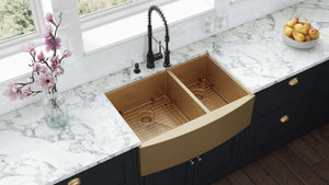 Ruvati 33-inch Satin Brass Matte Gold Stainless Steel 60/40 Double Bowl Apron-Front Farmhouse Kitchen Sink - RVH9742GG