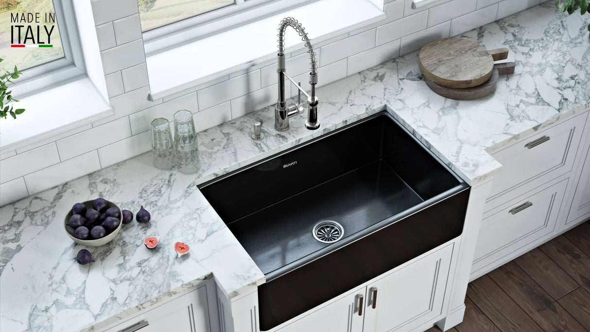 Ruvati 30 x 20 inch Fireclay Reversible Farmhouse Apron-Front Kitchen Sink Single Bowl - Glossy Black - RVL2100BK