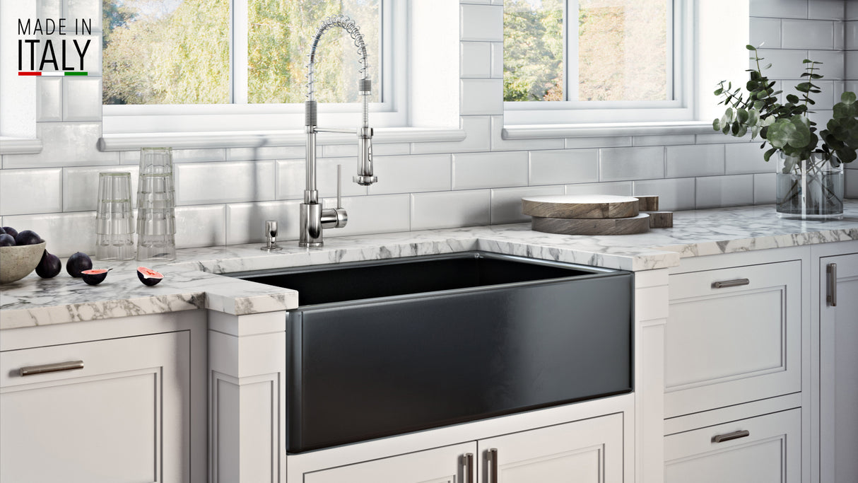 Ruvati 33 x 20 inch Fireclay Reversible Farmhouse Apron-Front Kitchen Sink Single Bowl - Glossy Black - RVL2300BK