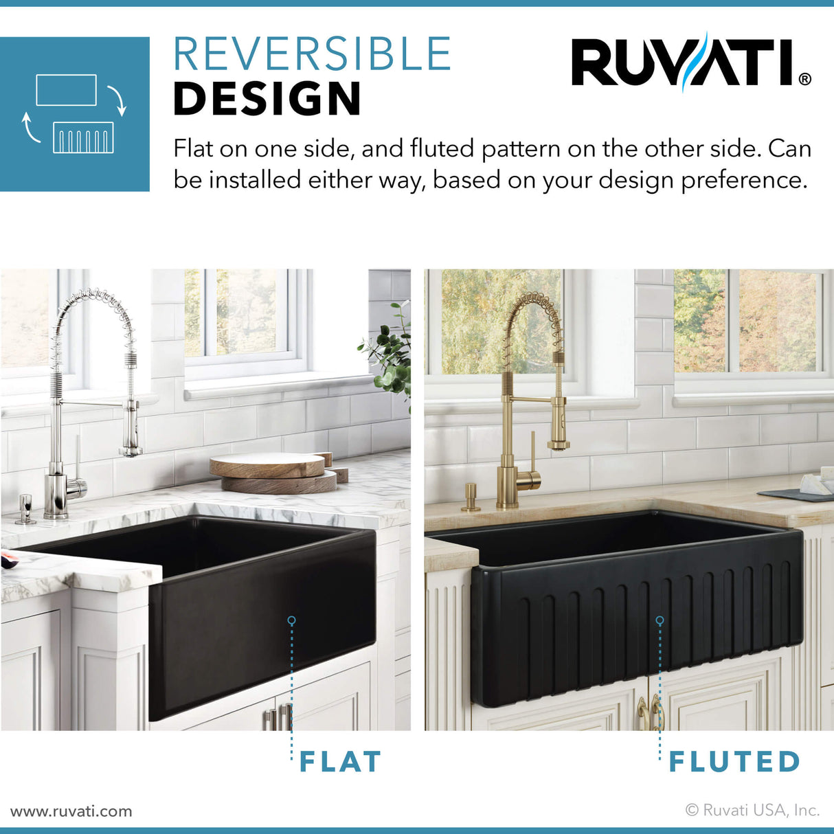 Ruvati 33 x 20 inch Fireclay Reversible Farmhouse Apron-Front Kitchen Sink Single Bowl - Glossy Black - RVL2300BK
