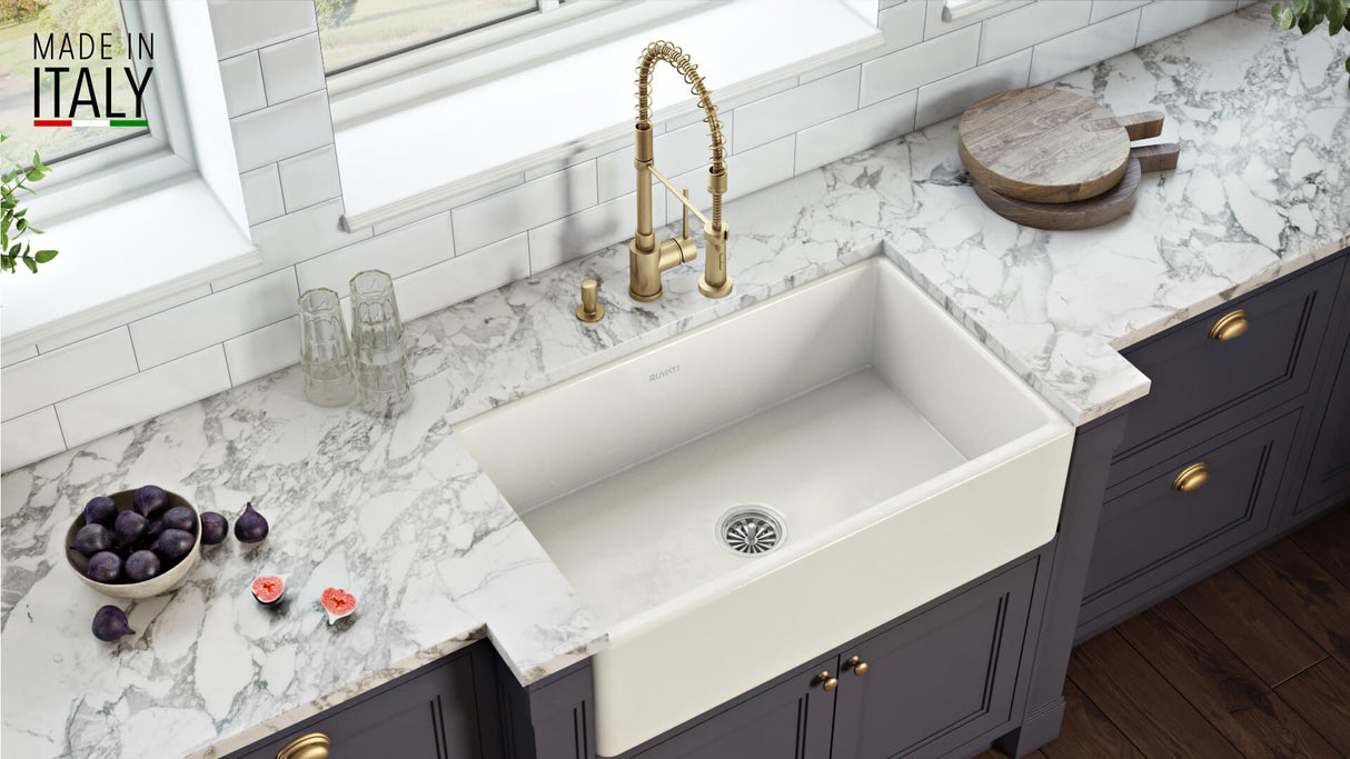 Ruvati 33 x 20 inch Fireclay Reversible Farmhouse Apron-Front Kitchen Sink Single Bowl - Biscuit - RVL2300BS