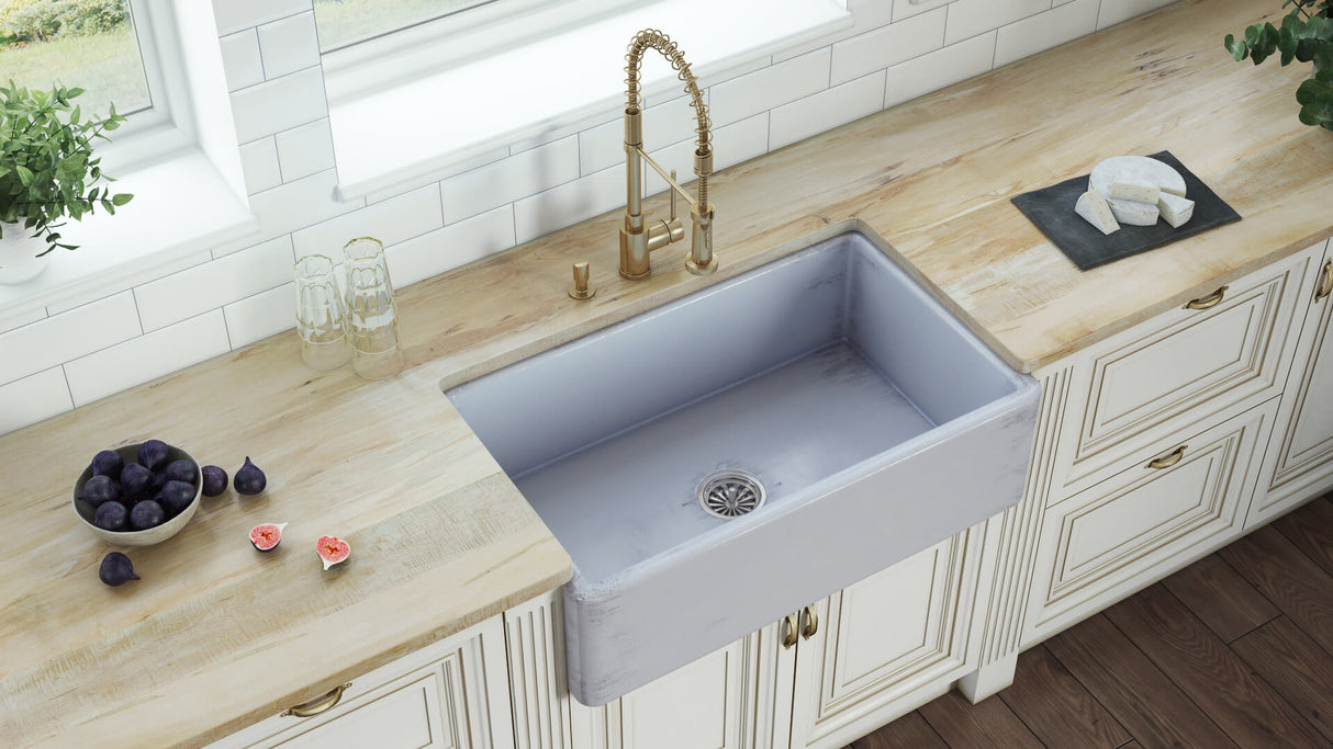 Ruvati 33 inch Fireclay Distressed Finish Farmhouse Apron-Front Kitchen Sink Reversible - Coastal Blue - RVL2300SB
